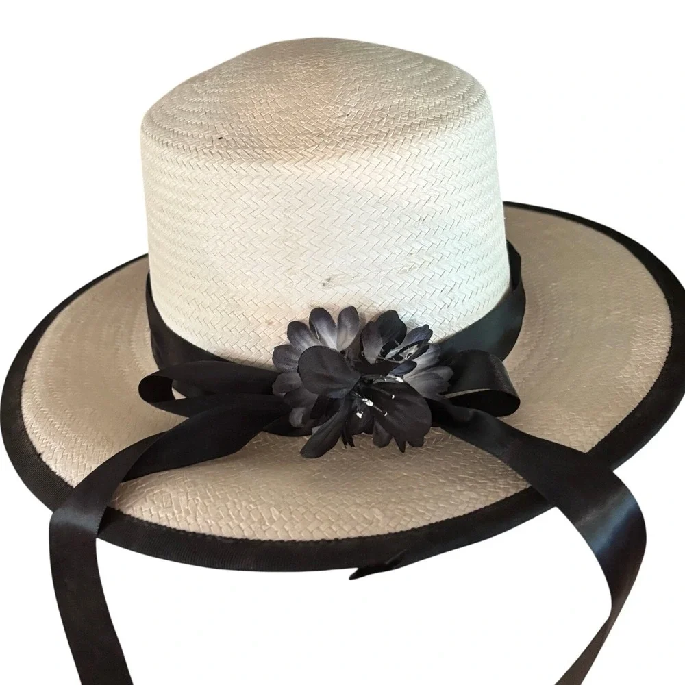 Vintage Cream Straw Boater Hat Black Ribbon Flower Wide Brim Sun Hat Tie Strap